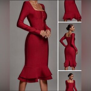 Red Long-Sleeve Bodycon Party/ Cocktail Dress